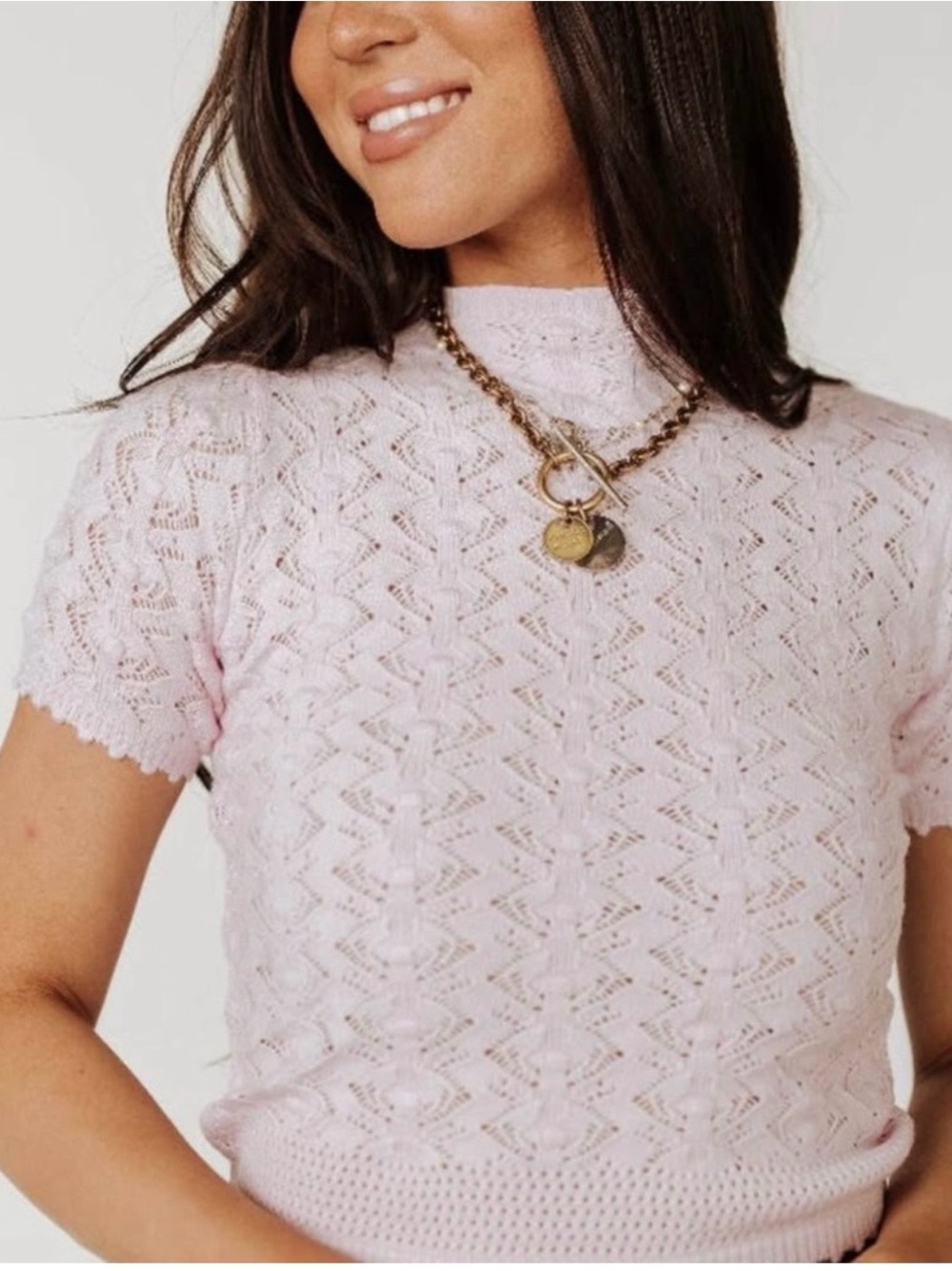 Light Pink Lace Knit Short-Sleeve Sweater Top